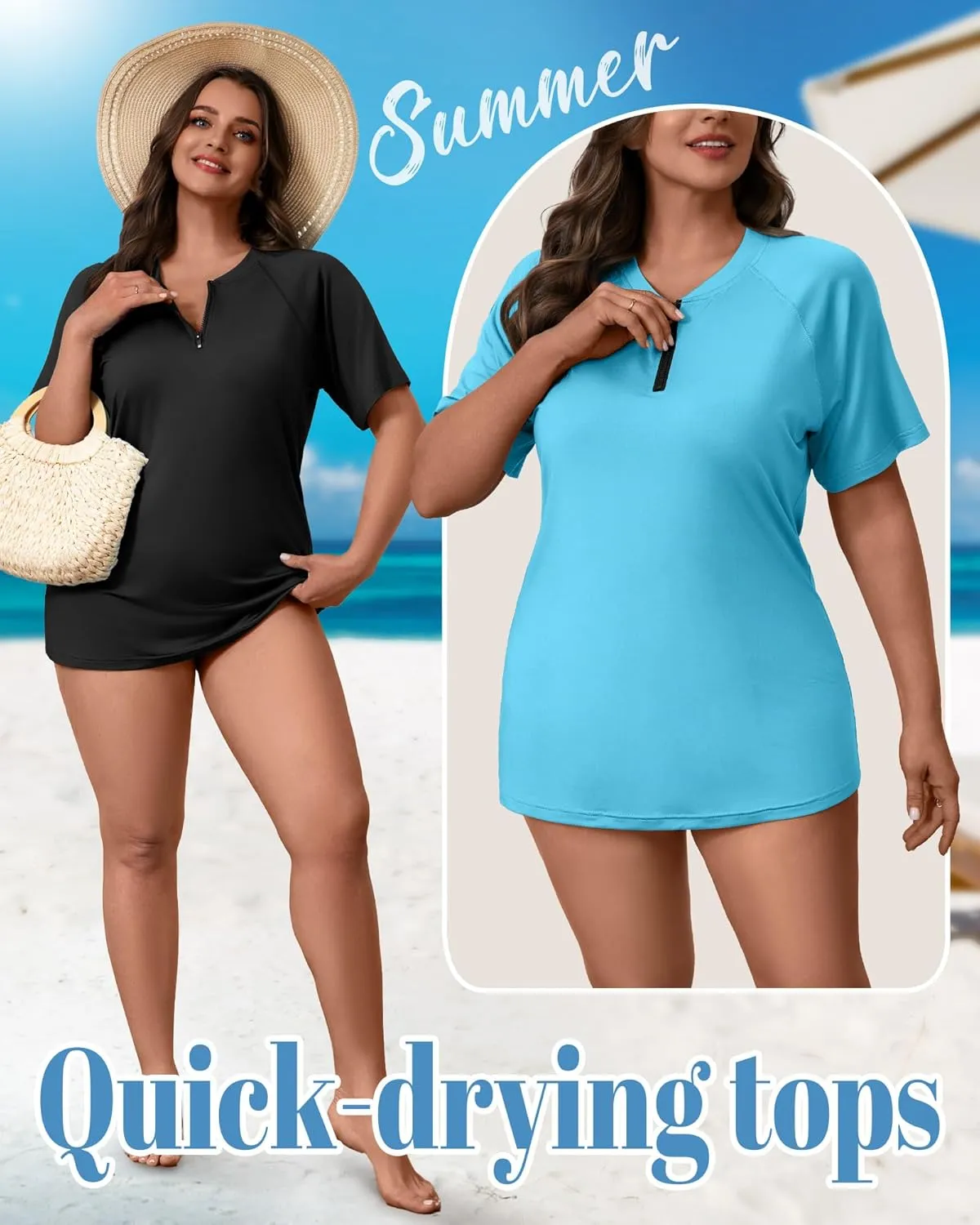 2 Pack Women's Plus Size Quick Dry Rash Guard Half Zip Swimsuit Short Sleeve Swim Shirt Tops Sun Protection