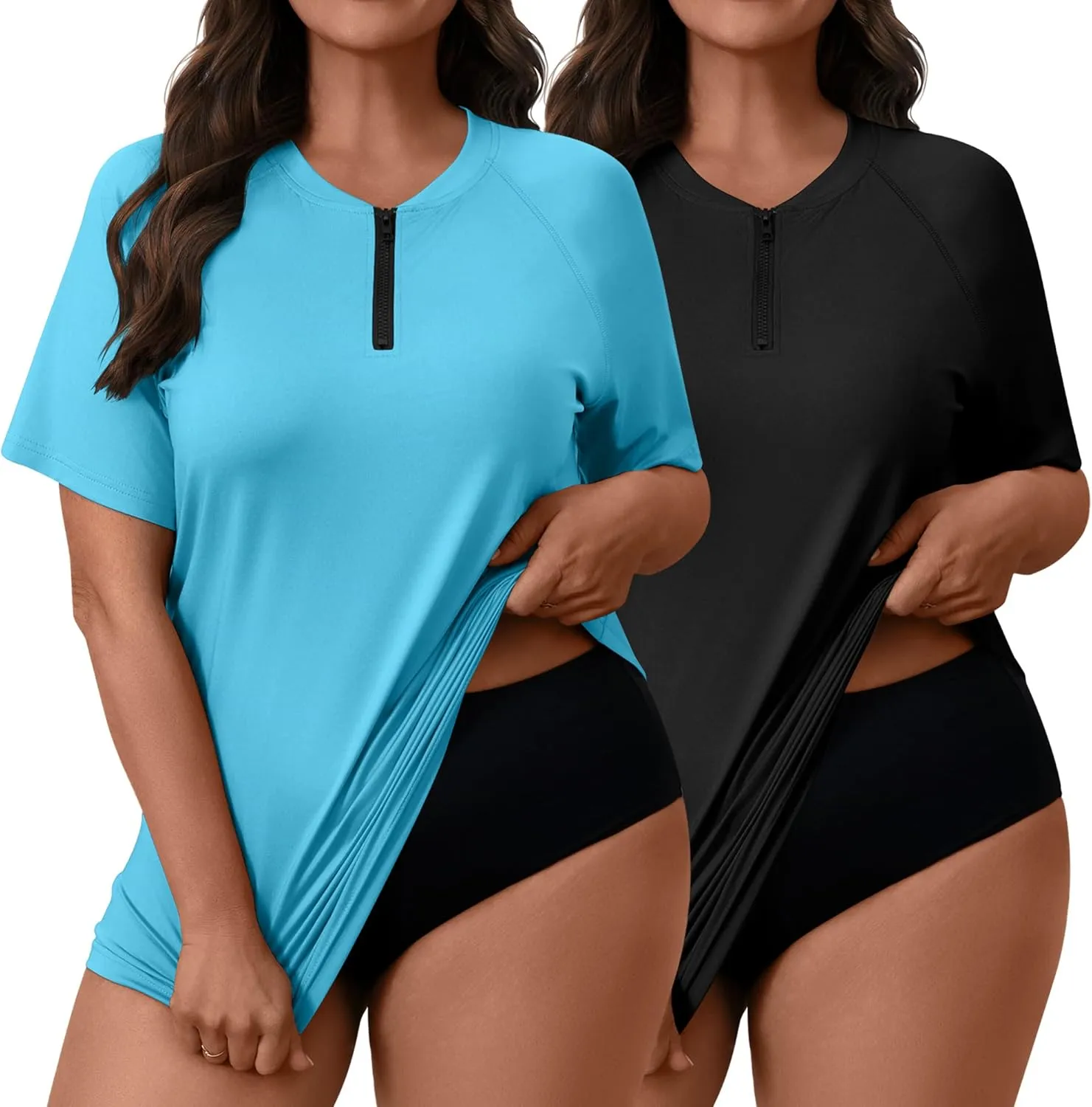 2 Pack Women's Plus Size Quick Dry Rash Guard Half Zip Swimsuit Short Sleeve Swim Shirt Tops Sun Protection