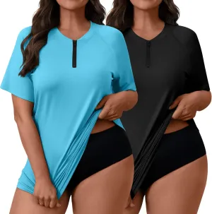 2 Pack Women's Plus Size Quick Dry Rash Guard Half Zip Swimsuit Short Sleeve Swim Shirt Tops Sun Protection