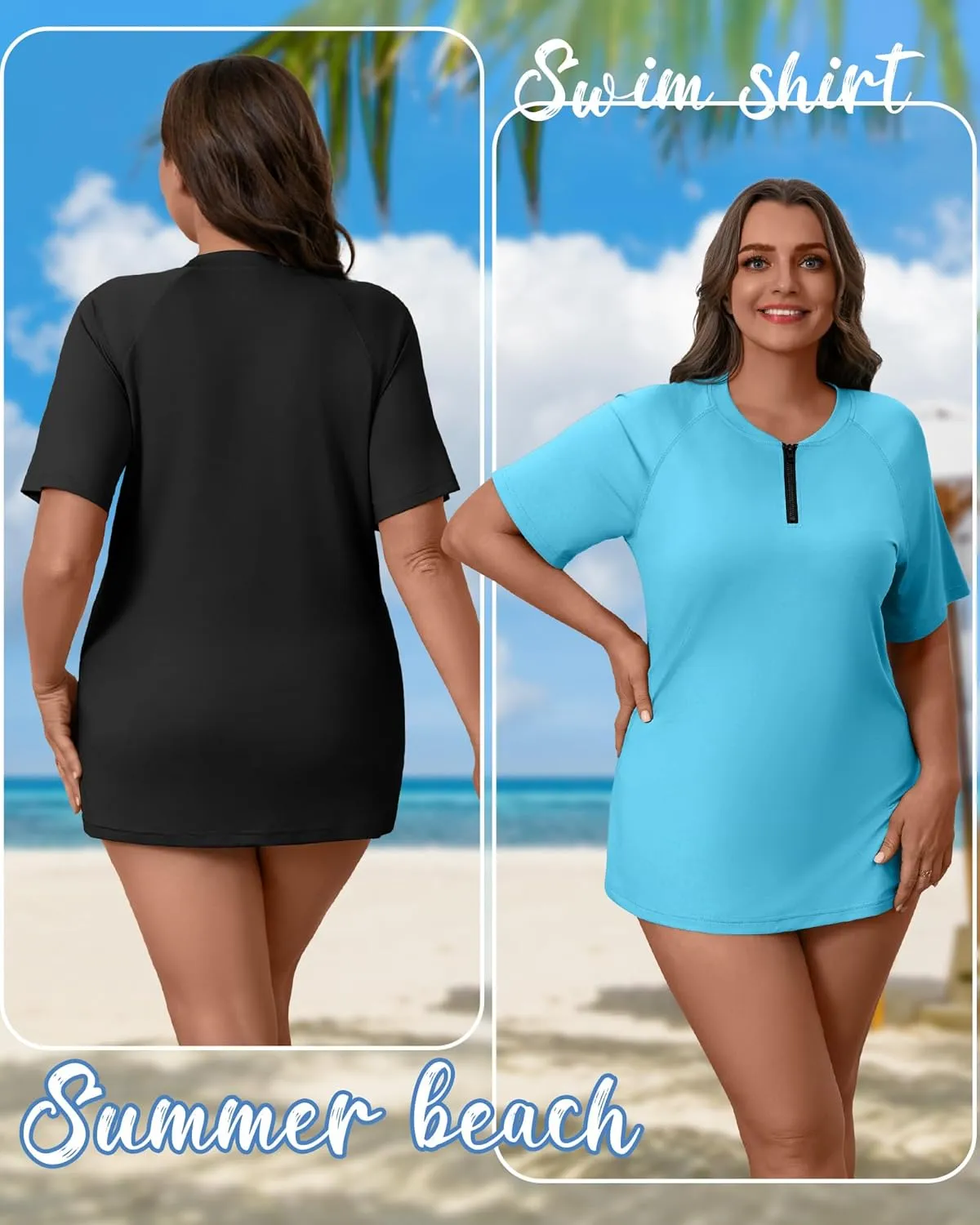 2 Pack Women's Plus Size Quick Dry Rash Guard Half Zip Swimsuit Short Sleeve Swim Shirt Tops Sun Protection