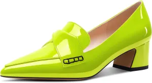 Aachcol Womens Chunky Block Low Heel Pointed Toe Pumps Slip-on Loafers Shoes Prom Office Dress Basic Classic Patent Leather 2.0 Inches Heels