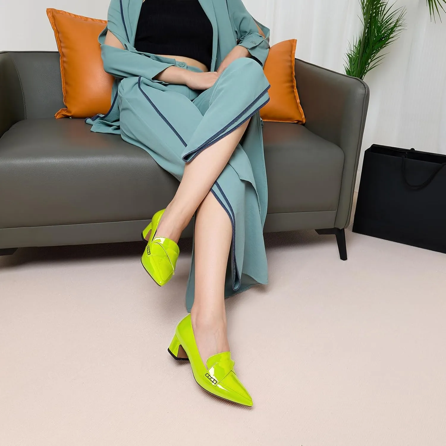 Aachcol Womens Chunky Block Low Heel Pointed Toe Pumps Slip-on Loafers Shoes Prom Office Dress Basic Classic Patent Leather 2.0 Inches Heels