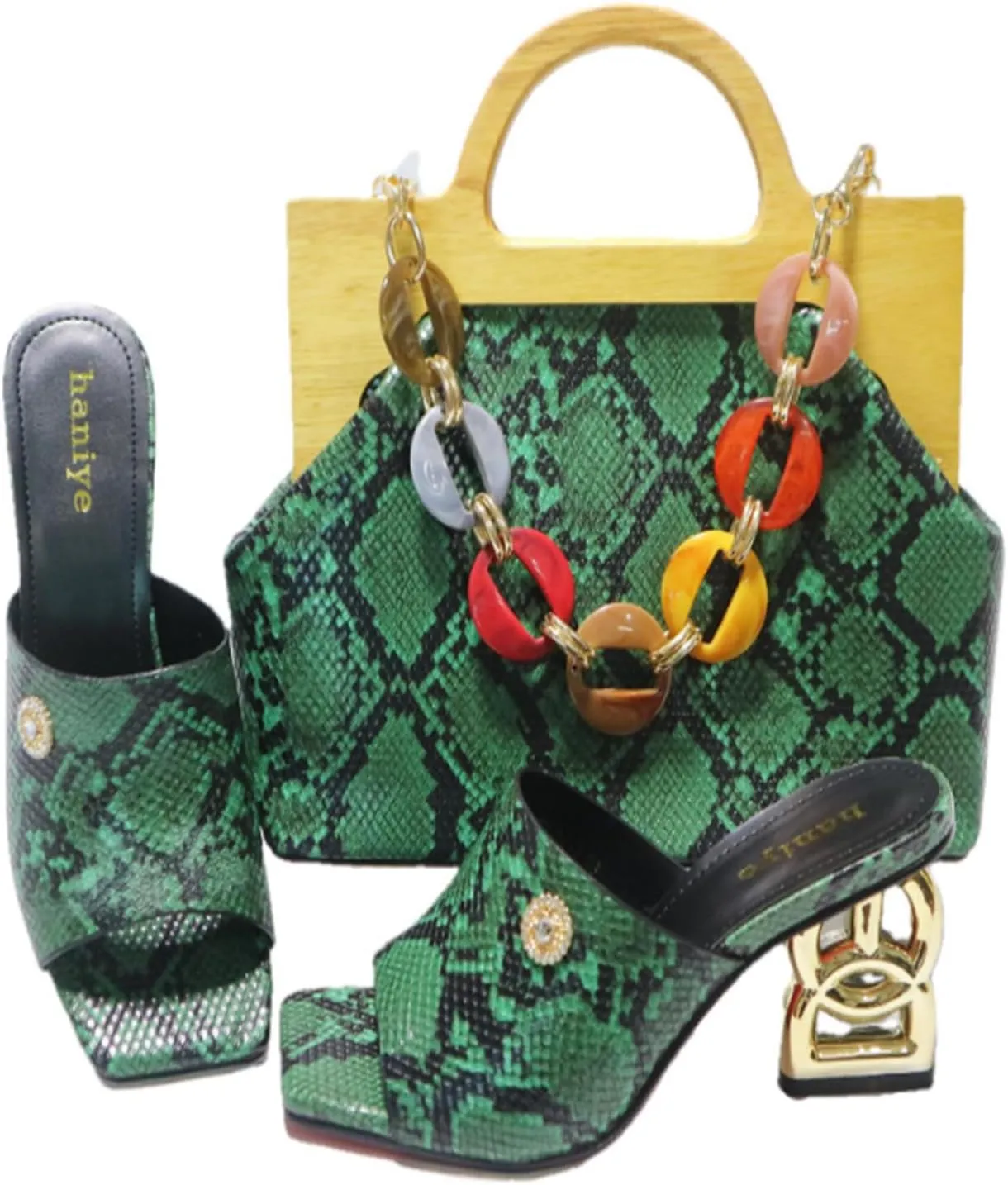 Aflngle Women's Shoes Matching with Handbag Snakeskin Print Square Open Toe Mules Sandals Strange Novelty Metal Low Heel Slip-on Slide Summer Rome Sandals Slippers 2 Pack Set