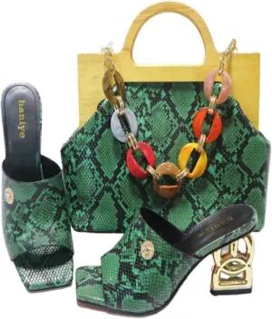 Aflngle Women's Shoes Matching with Handbag Snakeskin Print Square Open Toe Mules Sandals Strange Novelty Metal Low Heel Slip-on Slide Summer Rome Sandals Slippers 2 Pack Set