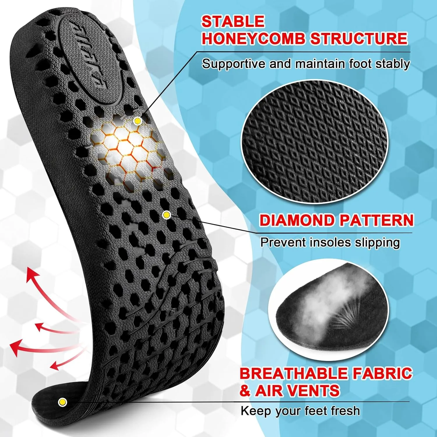 Ailaka Height Increase Insoles for Men Women, Honeycomb Shock Absorbing Cushion Insoles, Replacement Full Length Sports Shoe Height Inserts Height Elevation