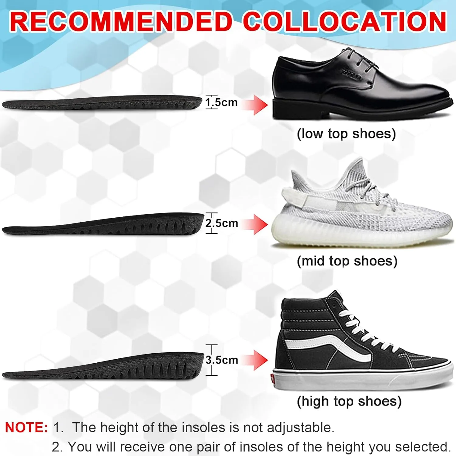 Ailaka Height Increase Insoles for Men Women, Honeycomb Shock Absorbing Cushion Insoles, Replacement Full Length Sports Shoe Height Inserts Height Elevation