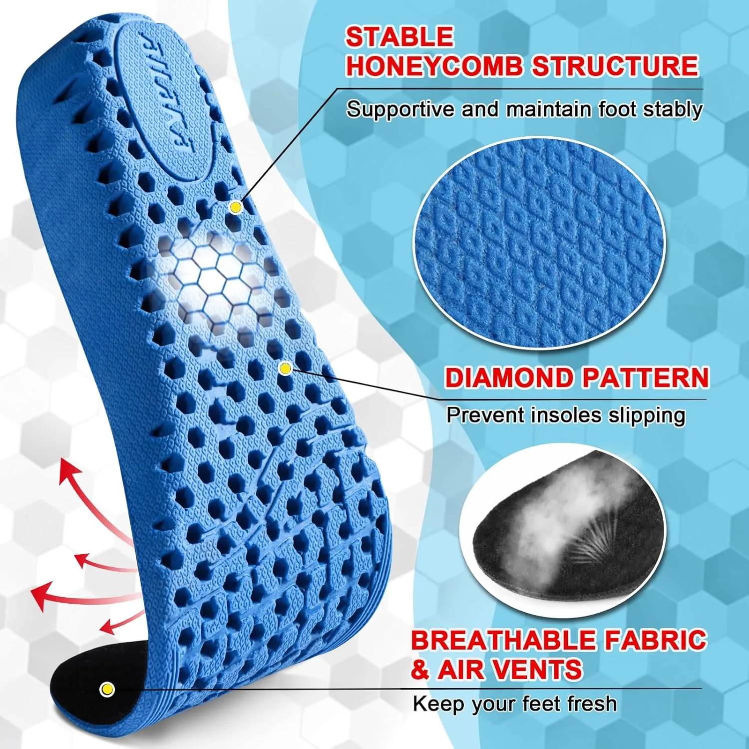 Ailaka Height Increase Insoles for Men Women, Honeycomb Shock Absorbing Cushion Shoe Height Insoles Men Women, Replacement Sports Shoe Inserts