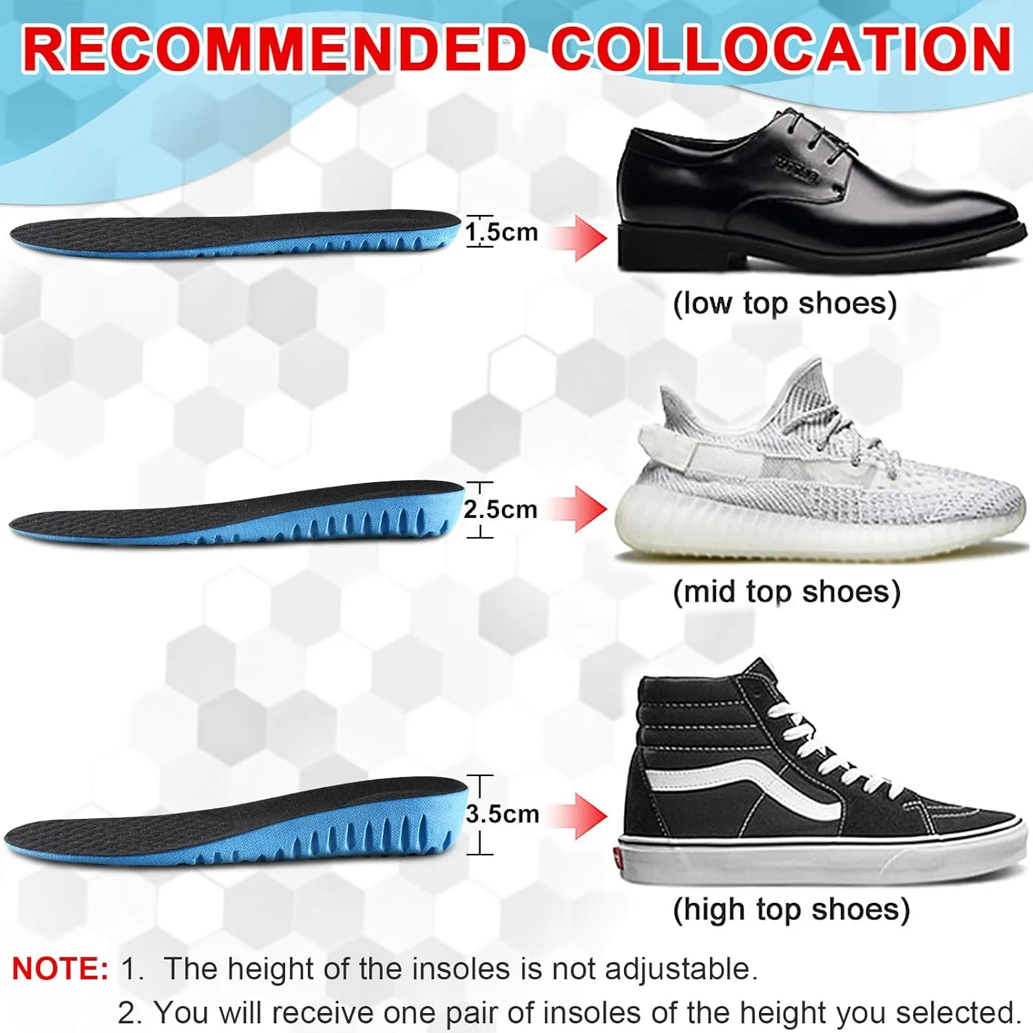 Ailaka Height Increase Insoles for Men Women, Honeycomb Shock Absorbing Cushion Shoe Height Insoles Men Women, Replacement Sports Shoe Inserts
