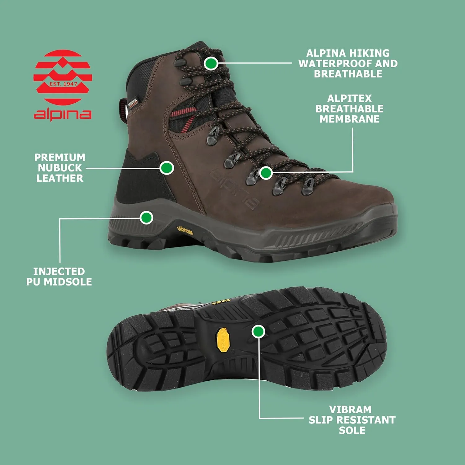 Alpina PRIMA Premium Men's Waterproof Work Boots | Leather Ankle High | Breathable Membrane | Vibram | All Weather Shoes | Made in Europe