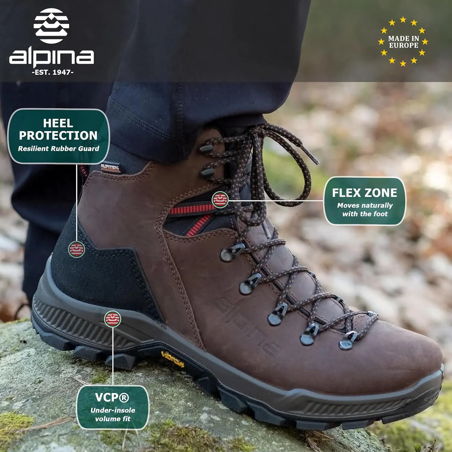 Alpina PRIMA Premium Men's Waterproof Work Boots | Leather Ankle High | Breathable Membrane | Vibram | All Weather Shoes | Made in Europe
