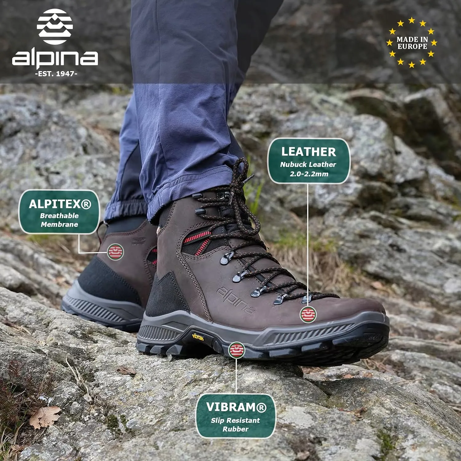 Alpina PRIMA Premium Men's Waterproof Work Boots | Leather Ankle High | Breathable Membrane | Vibram | All Weather Shoes | Made in Europe