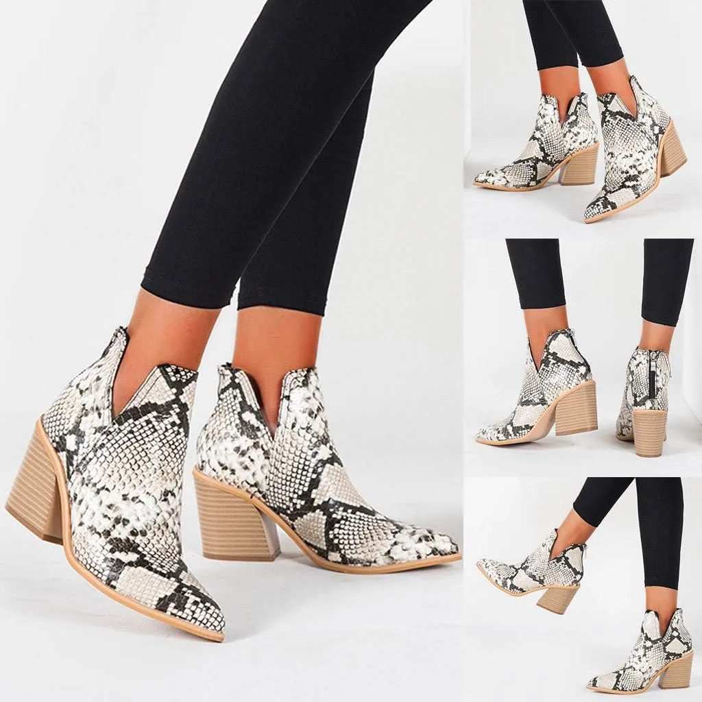 Ankle Booties for Women V Cut,Ankle Boots Pointed Toe Slip On Side Cutout Solid Color Chunky Block Stacked Mid Heel Booties