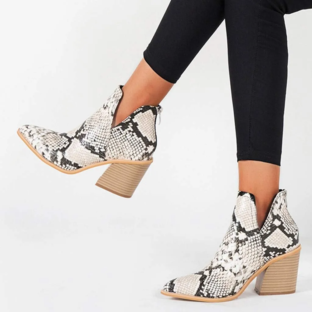Ankle Booties for Women V Cut,Ankle Boots Pointed Toe Slip On Side Cutout Solid Color Chunky Block Stacked Mid Heel Booties