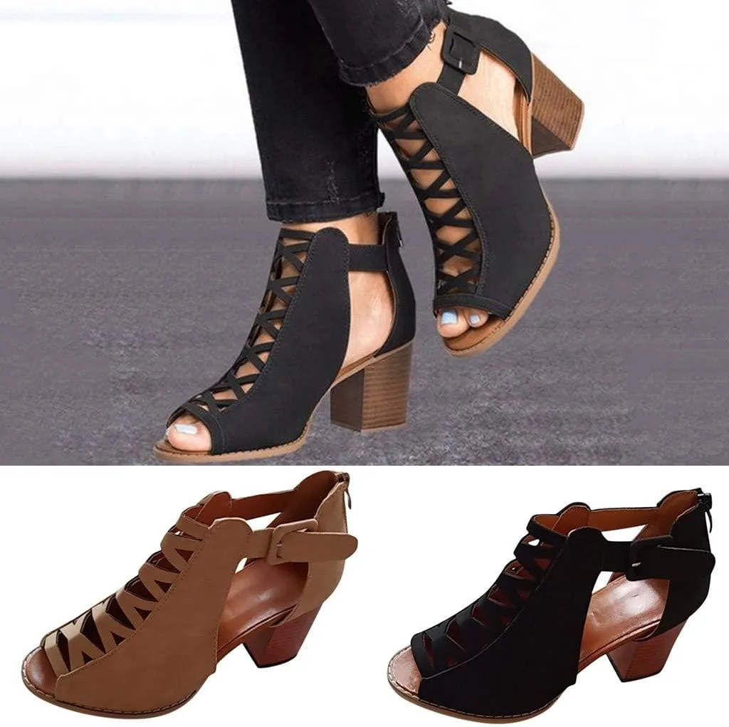 Ankle Boots for Women Low Heel,Summer Caged Gladiator Block Heel Strappy Dress Dressy Sandals Shoes for Women