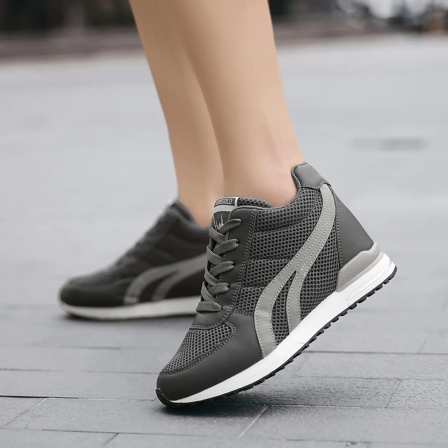 AONEGOLD Women's Hidden Wedge Sneakers High Heeld Lace Up Fashion Lightweight Walking Shoes Platform Sneakers