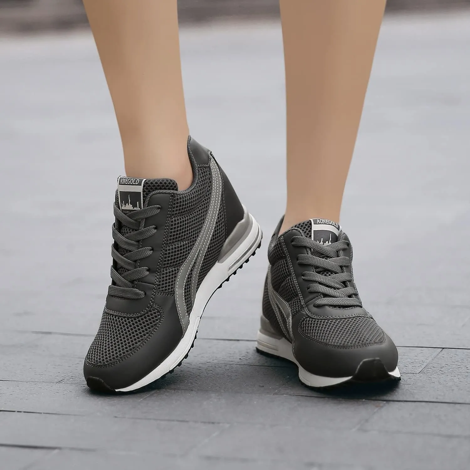 AONEGOLD Women's Hidden Wedge Sneakers High Heeld Lace Up Fashion Lightweight Walking Shoes Platform Sneakers