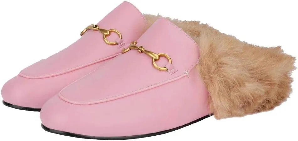Arqa Fur Mules for Women Comfortable Leather Buckle Mule Flats Furry Padded Backless Loafers Casual Slides Shoes