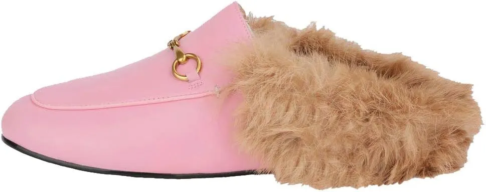 Arqa Fur Mules for Women Comfortable Leather Buckle Mule Flats Furry Padded Backless Loafers Casual Slides Shoes