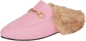 Arqa Fur Mules for Women Comfortable Leather Buckle Mule Flats Furry Padded Backless Loafers Casual Slides Shoes