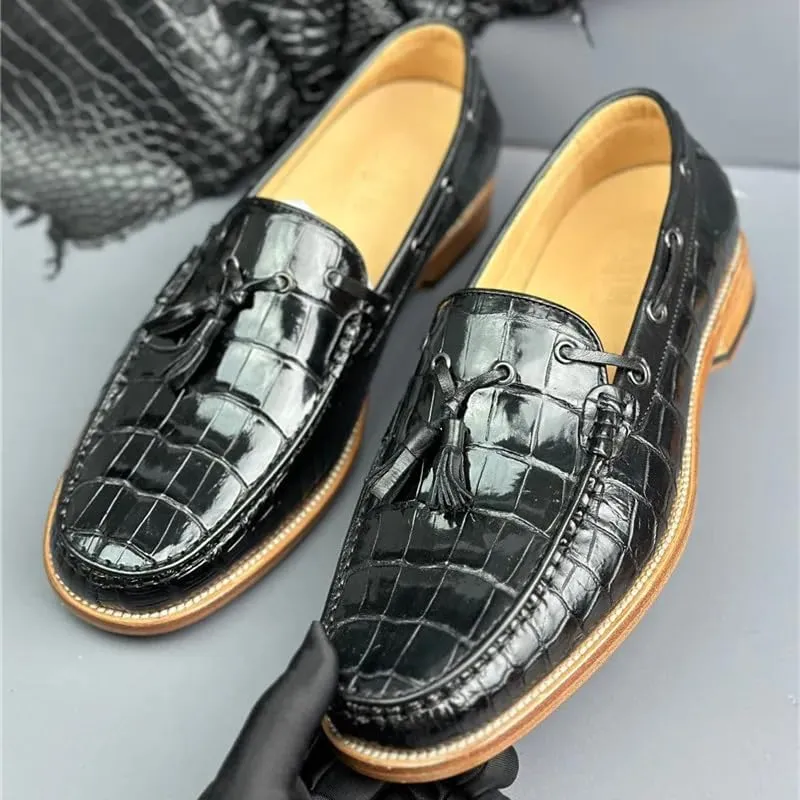 Authentic Crocodile Skin Men's Business Casual Tassel Designer Dress Loafers Genuine Alligator Leather Male Slip-on Boat Shoes