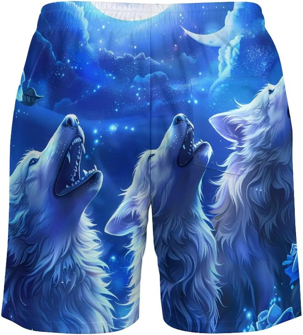 Blue Flower Rose Howling Wolf Men's Swim Trunks Quick Dry Board Shorts Swimwear Beach Shorts with Compression Liner