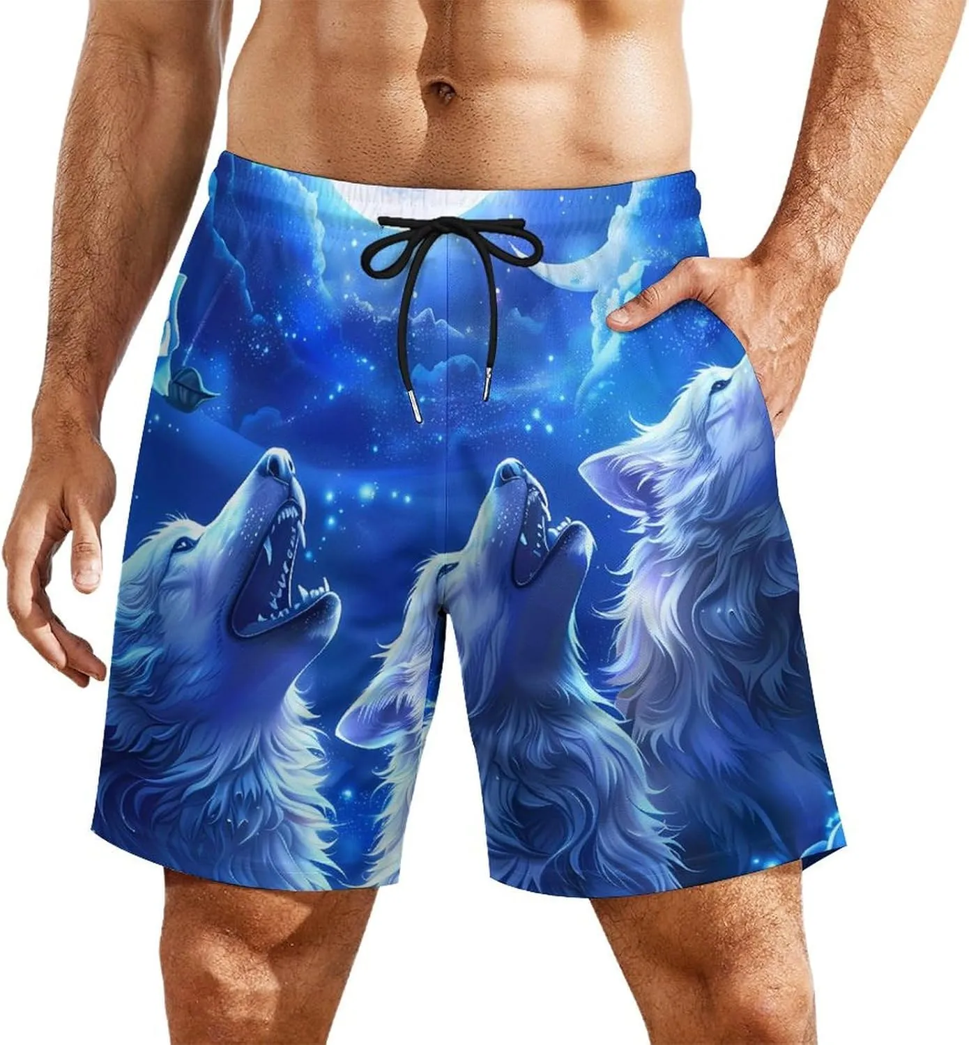 Blue Flower Rose Howling Wolf Men's Swim Trunks Quick Dry Board Shorts Swimwear Beach Shorts with Compression Liner