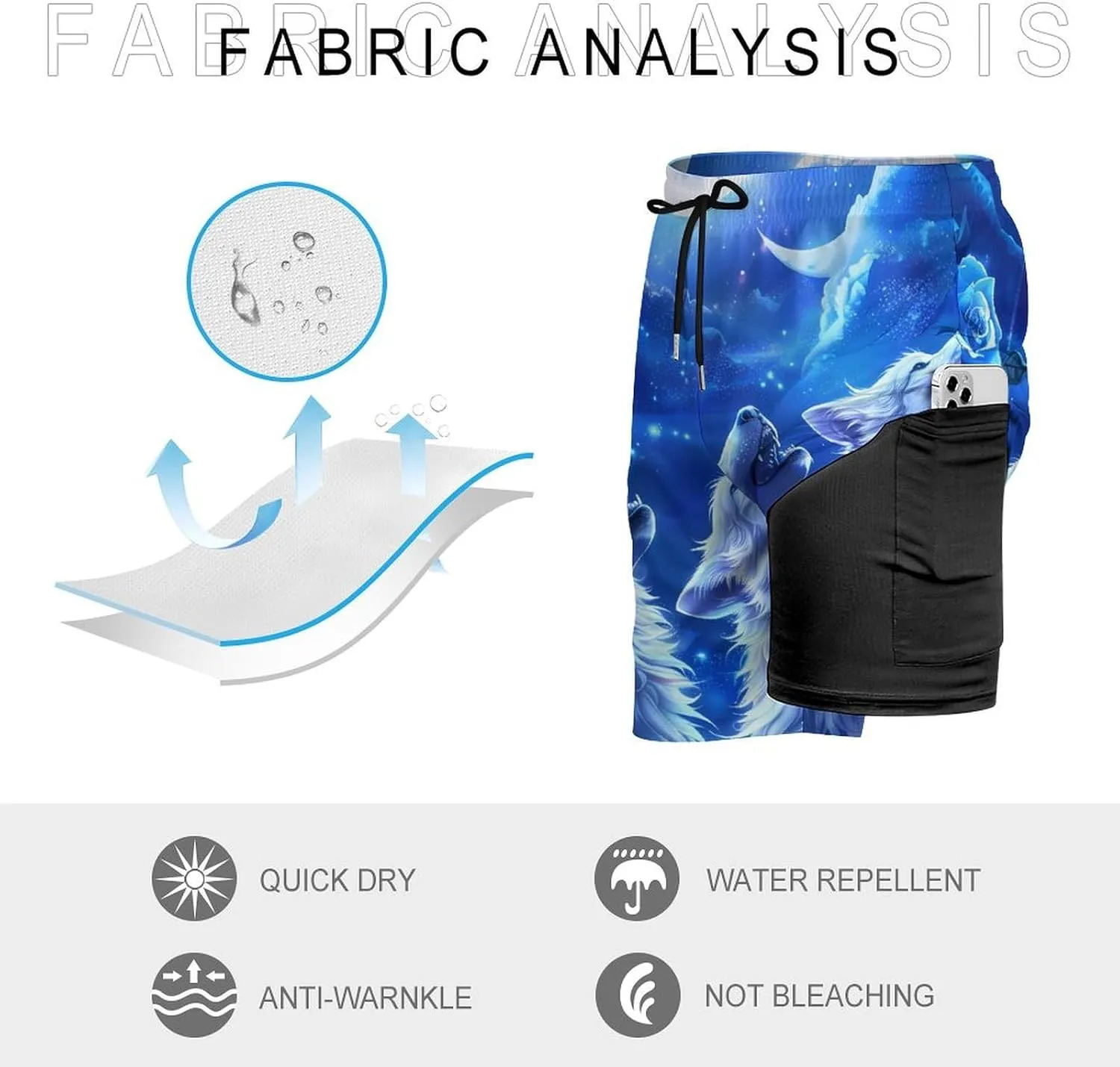 Blue Flower Rose Howling Wolf Men's Swim Trunks Quick Dry Board Shorts Swimwear Beach Shorts with Compression Liner