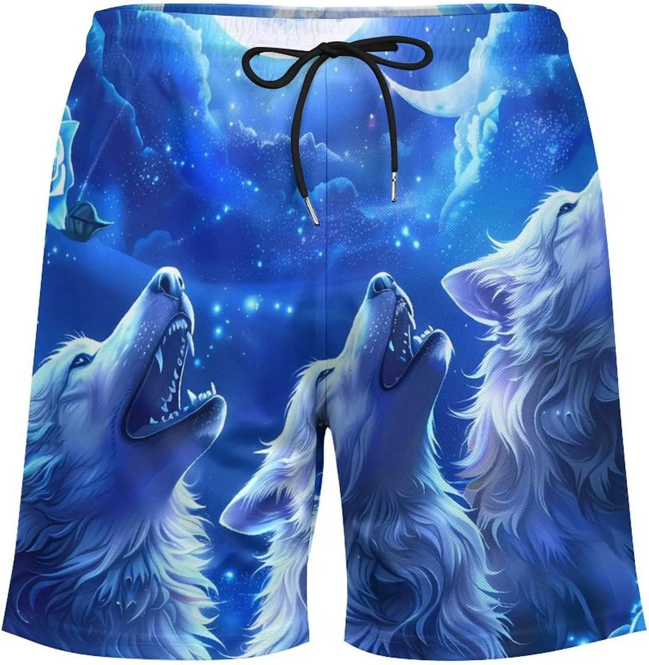Blue Flower Rose Howling Wolf Men's Swim Trunks Quick Dry Board Shorts Swimwear Beach Shorts with Compression Liner