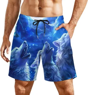 Blue Flower Rose Howling Wolf Men's Swim Trunks Quick Dry Board Shorts Swimwear Beach Shorts with Compression Liner