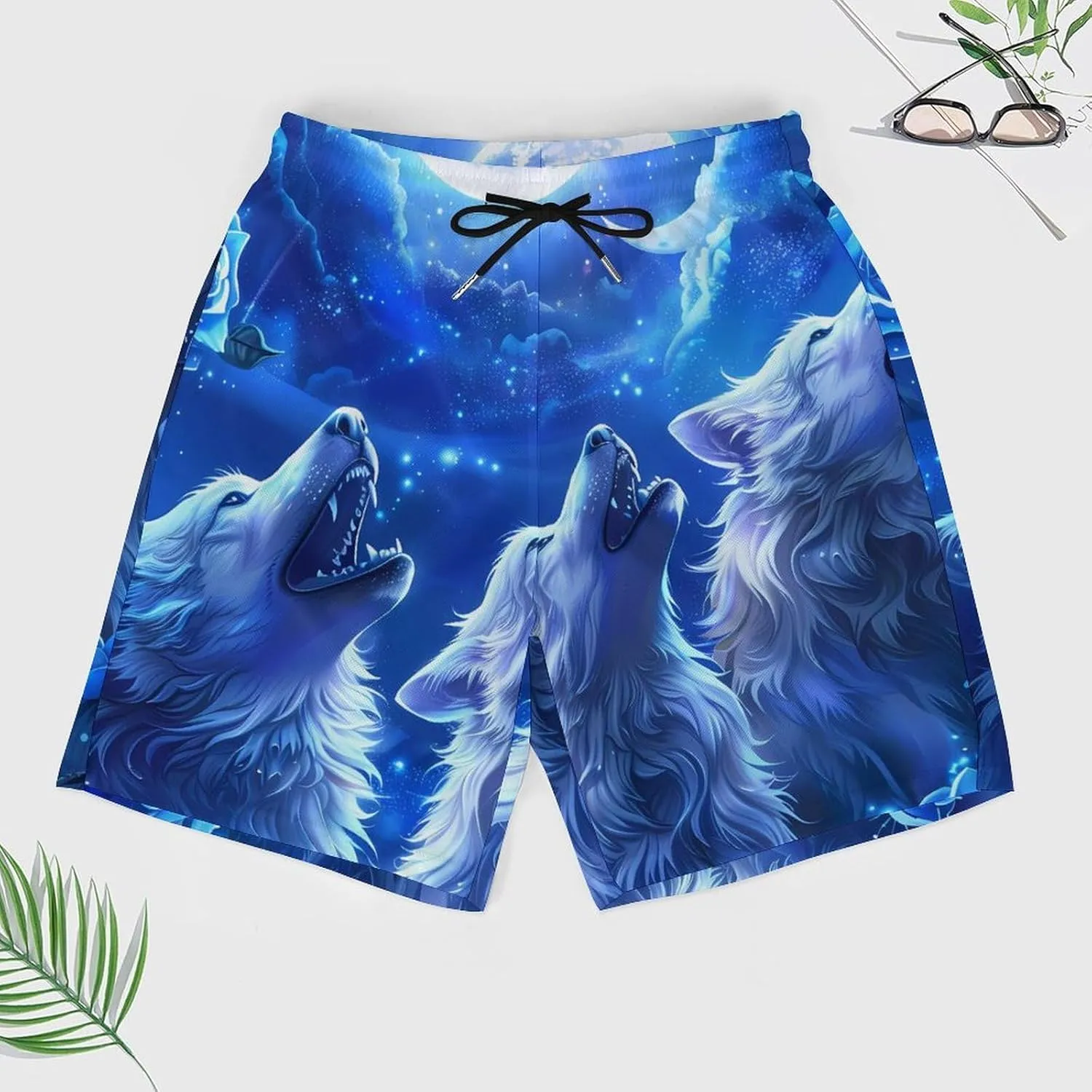 Blue Flower Rose Howling Wolf Men's Swim Trunks Quick Dry Board Shorts Swimwear Beach Shorts with Compression Liner