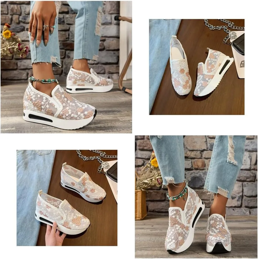 Breathable Mesh Floral Sneakers – Slip-On Platform Wedge Shoes with Arch Support for Walking & Work