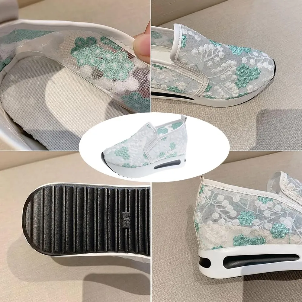 Breathable Mesh Floral Sneakers – Slip-On Platform Wedge Shoes with Arch Support for Walking & Work