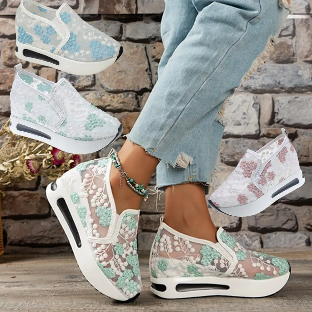 Breathable Mesh Floral Sneakers – Slip-On Platform Wedge Shoes with Arch Support for Walking & Work