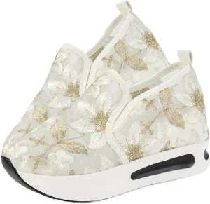 Breathable Mesh Floral Sneakers – Slip-On Platform Wedge Shoes with Arch Support for Walking & Work