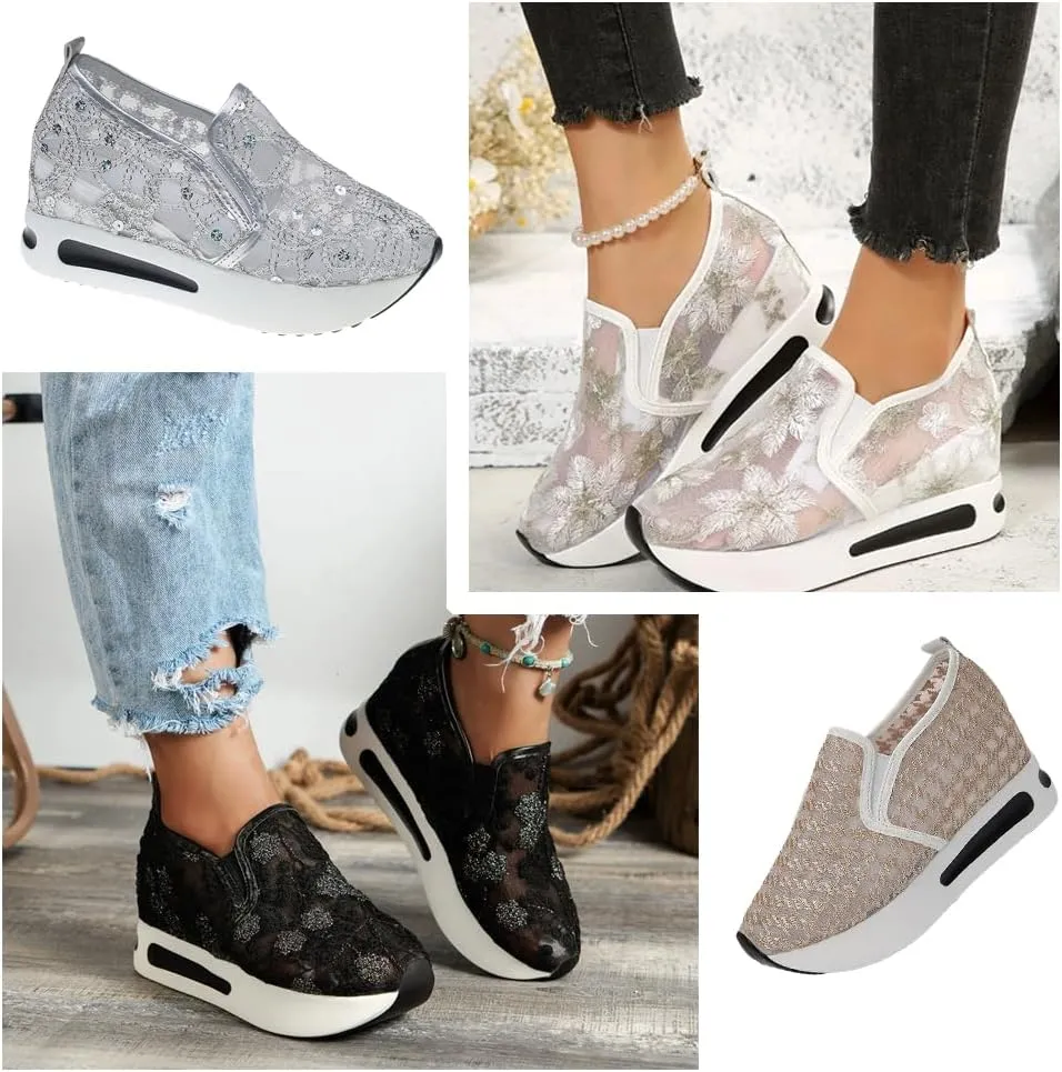 Breathable Mesh Floral Sneakers – Slip-On Platform Wedge Shoes with Arch Support for Walking & Work