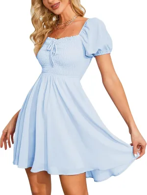Byinns Women's Sweetheart Neckline Dress Smocked Sundress Puff Short Sleeve Drawstring Dresses