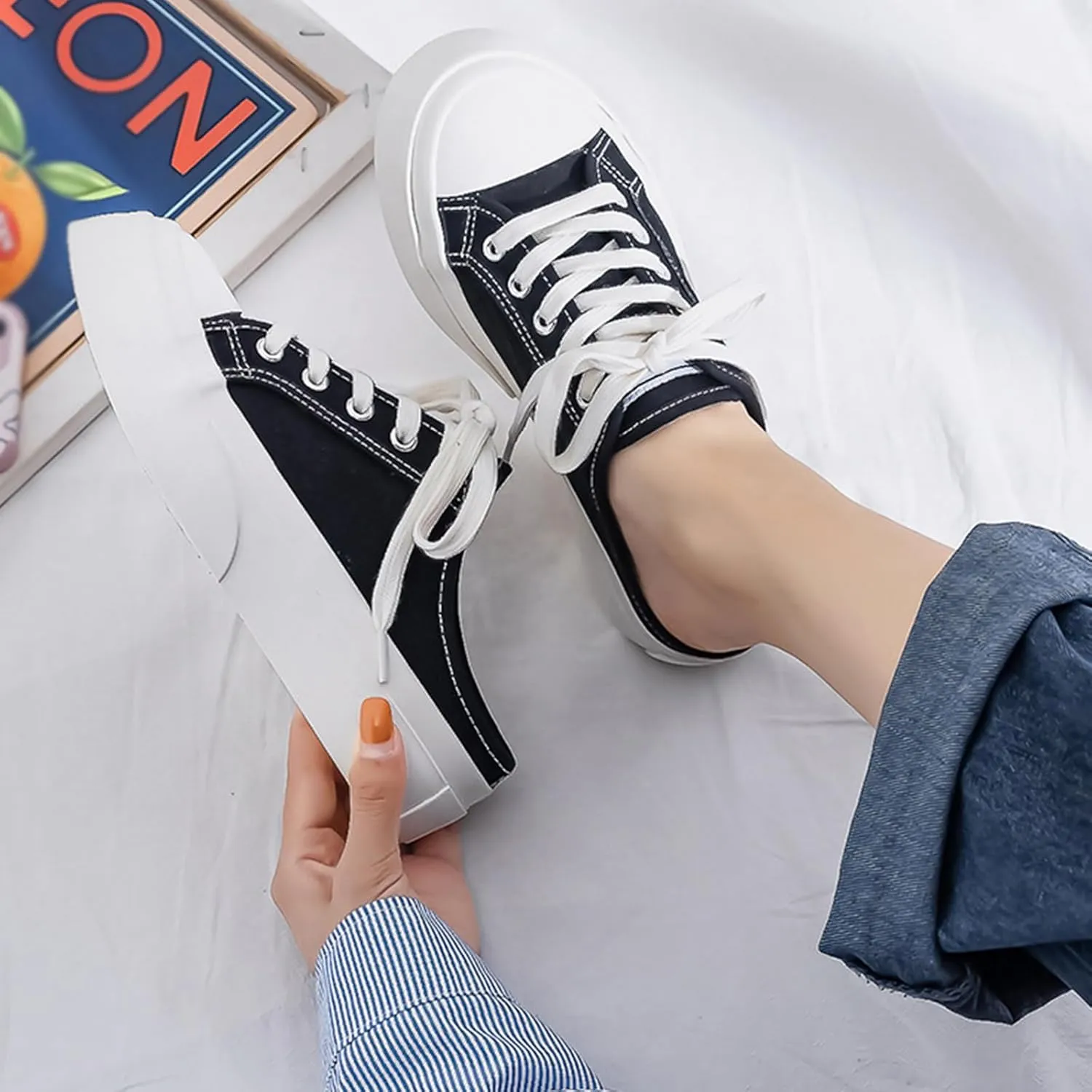 Canvas Mules for Women Backless Sneakers Slip on Comfortable Casual Shoes