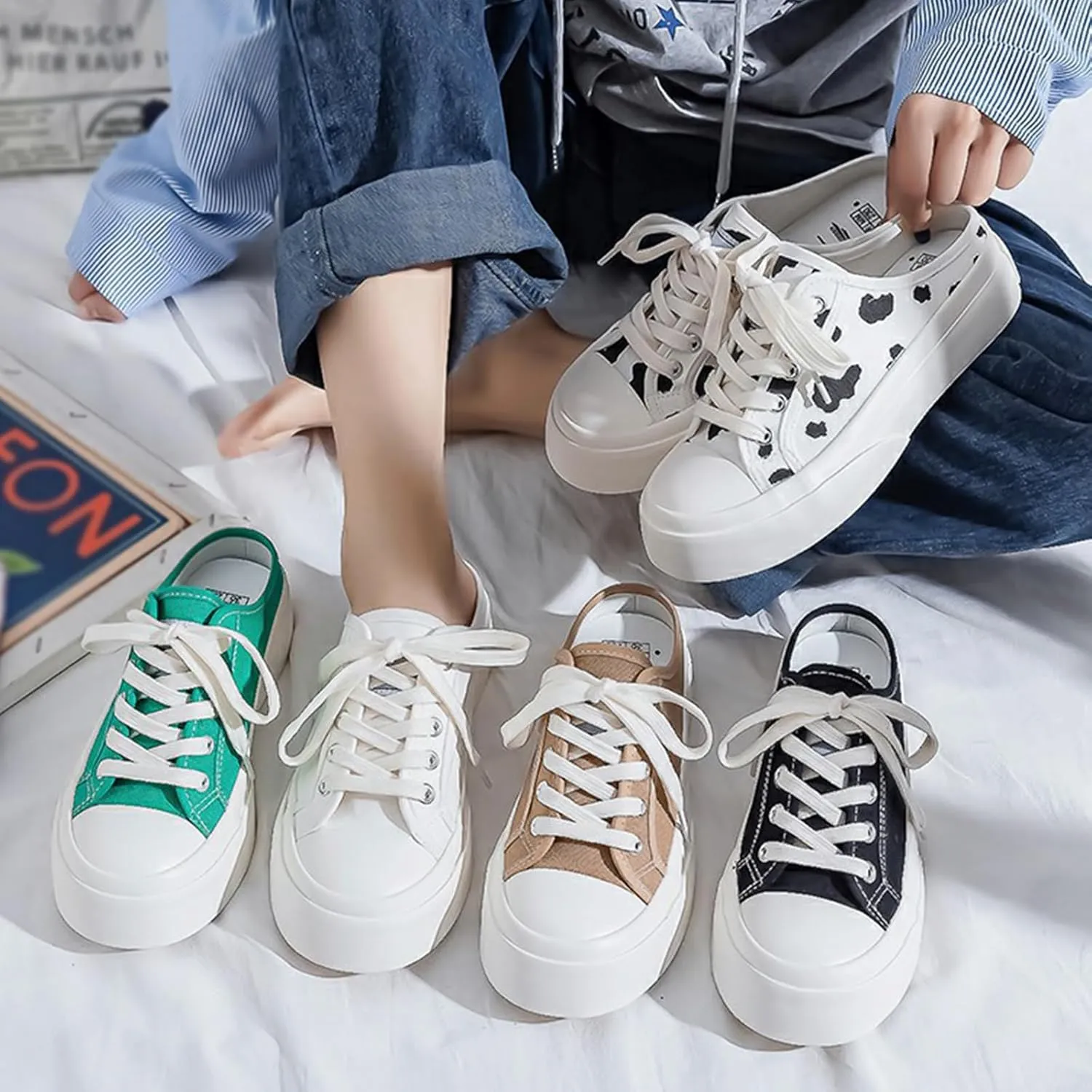 Canvas Mules for Women Backless Sneakers Slip on Comfortable Casual Shoes