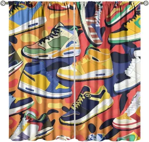 Cartoon Sport Colored Shoes Blackout Curtains, Boys Teen Home Decor, Sneakers Aesthetics Cool Colorful Graffiti Rod Pocket Insulated Curtains, Bedroom Living Room 42" W X 45" L