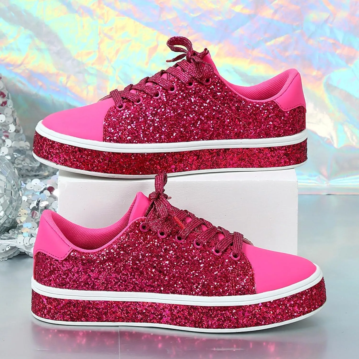 Casual Thick Soled Sneakers New Glossy Fashion Women's Shoes Low Top Lace Up Flat Shoes Casual Shoes Women Size 9
