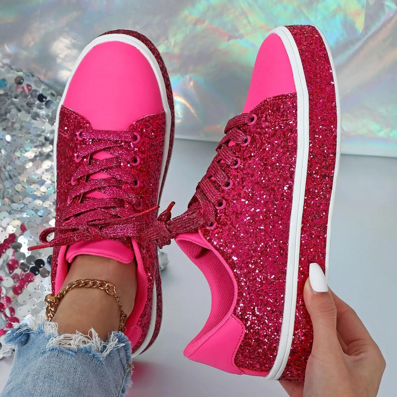 Casual Thick Soled Sneakers New Glossy Fashion Women's Shoes Low Top Lace Up Flat Shoes Casual Shoes Women Size 9
