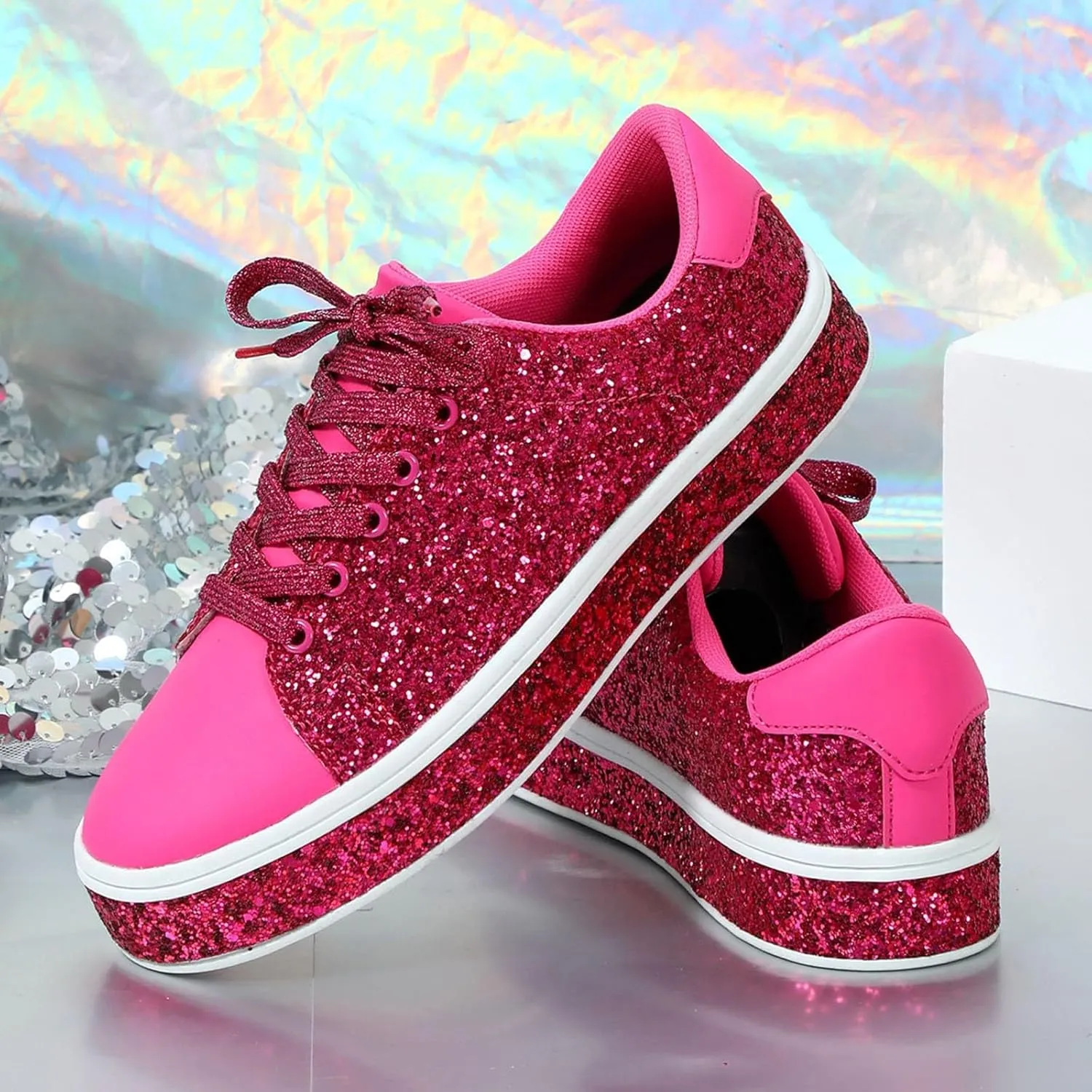 Casual Thick Soled Sneakers New Glossy Fashion Women's Shoes Low Top Lace Up Flat Shoes Casual Shoes Women Size 9