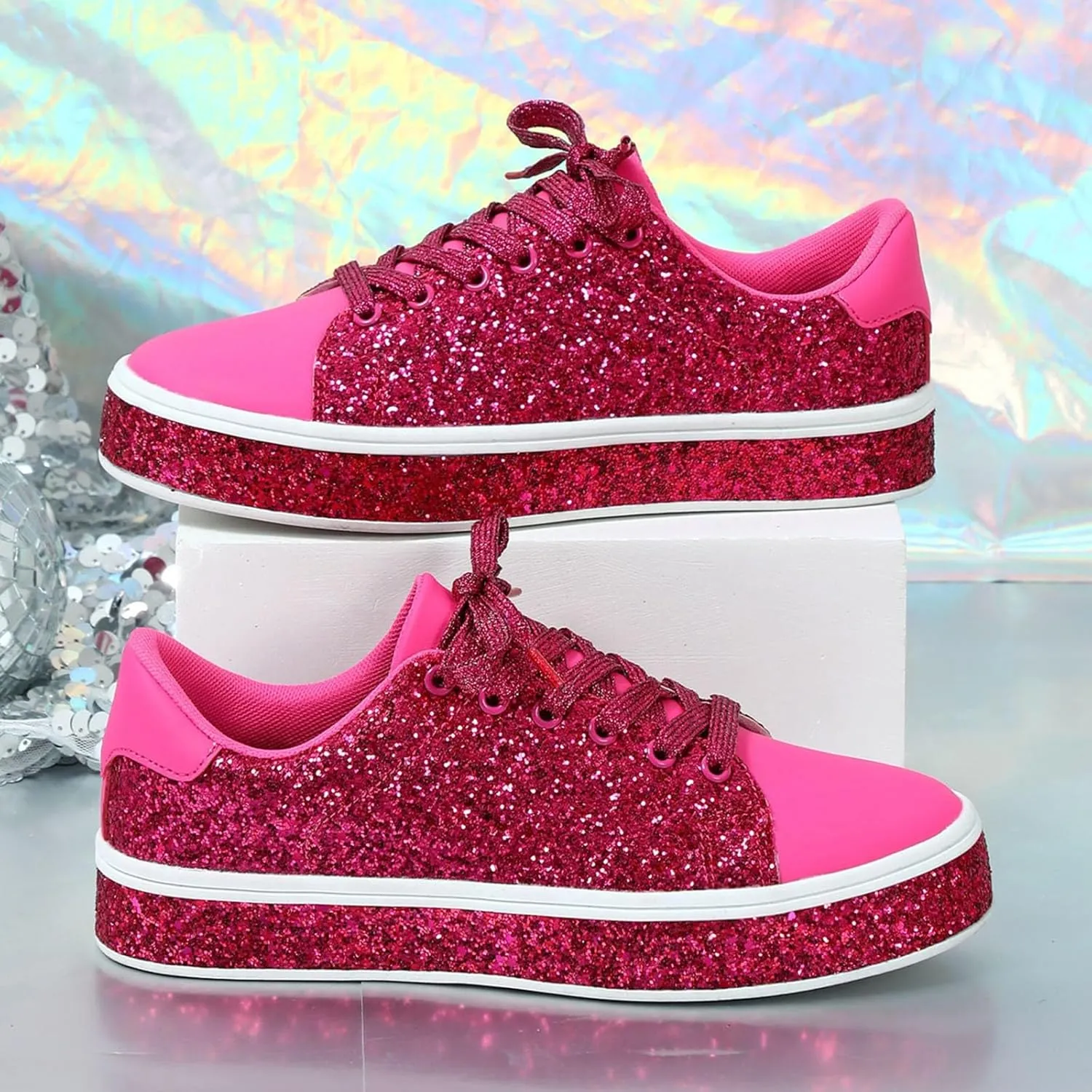 Casual Thick Soled Sneakers New Glossy Fashion Women's Shoes Low Top Lace Up Flat Shoes Casual Shoes Women Size 9
