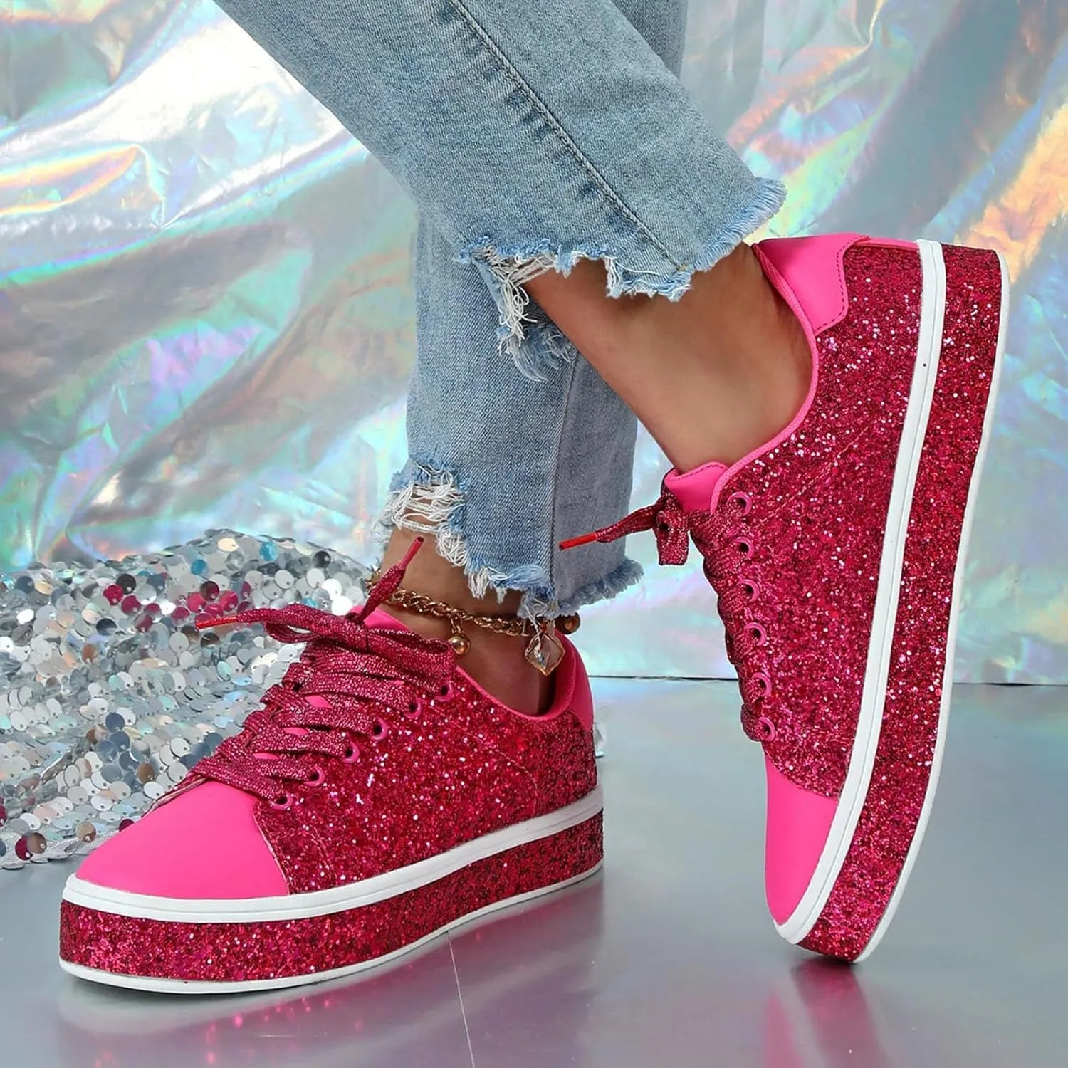 Casual Thick Soled Sneakers New Glossy Fashion Women's Shoes Low Top Lace Up Flat Shoes Casual Shoes Women Size 9
