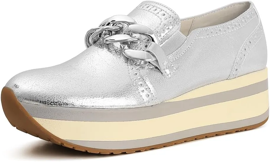 Celbreez Platform Sneakers for Women Round Toe Slip On Classic Wedge Heel Loafers Sneaker Comfortable Work Casual Shoes with Chain