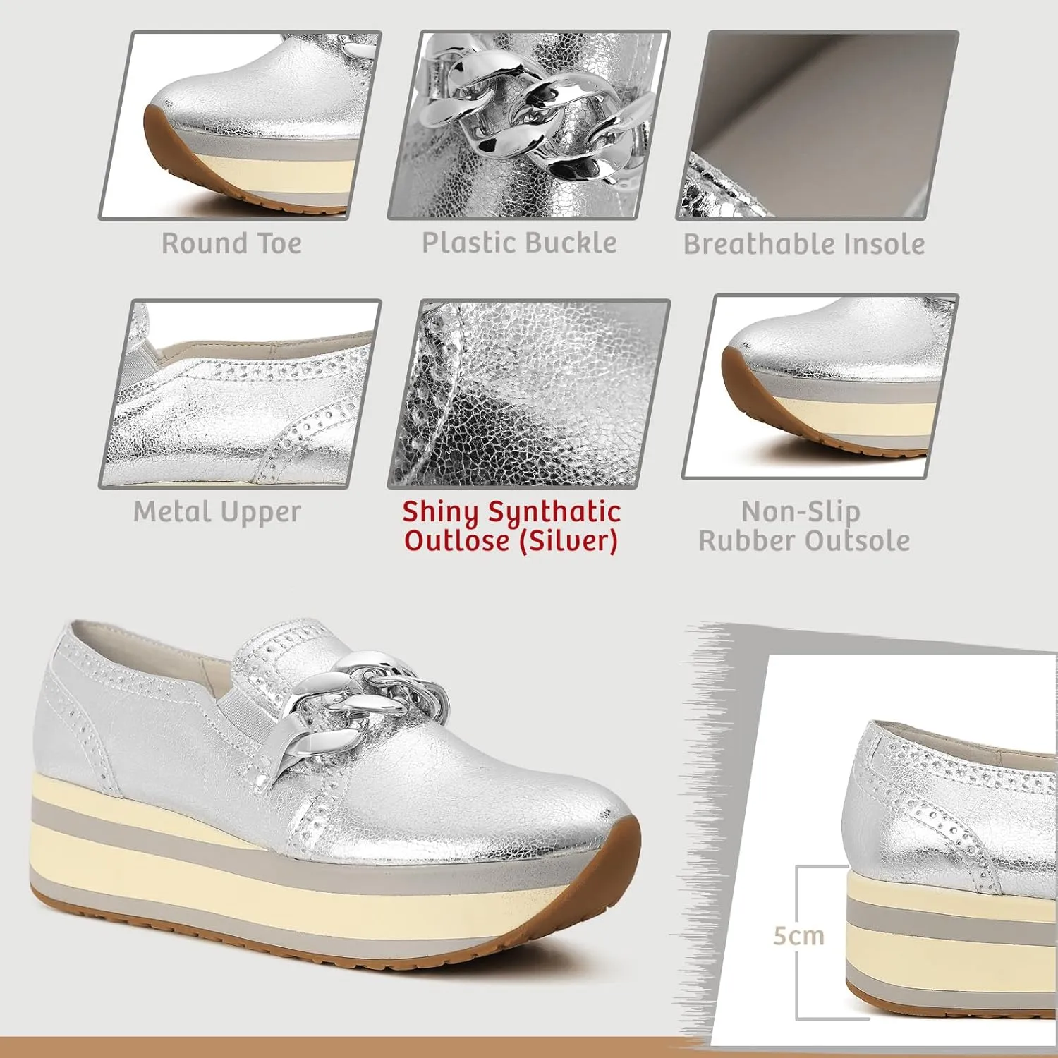 Celbreez Platform Sneakers for Women Round Toe Slip On Classic Wedge Heel Loafers Sneaker Comfortable Work Casual Shoes with Chain