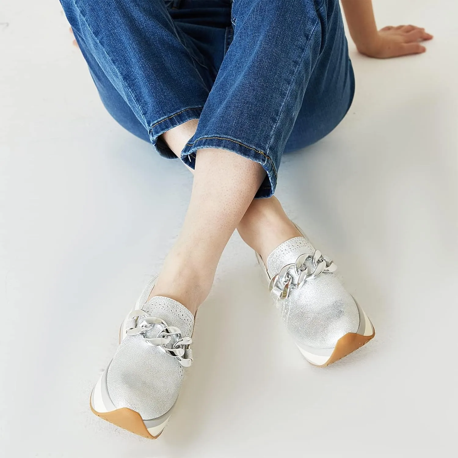 Celbreez Platform Sneakers for Women Round Toe Slip On Classic Wedge Heel Loafers Sneaker Comfortable Work Casual Shoes with Chain