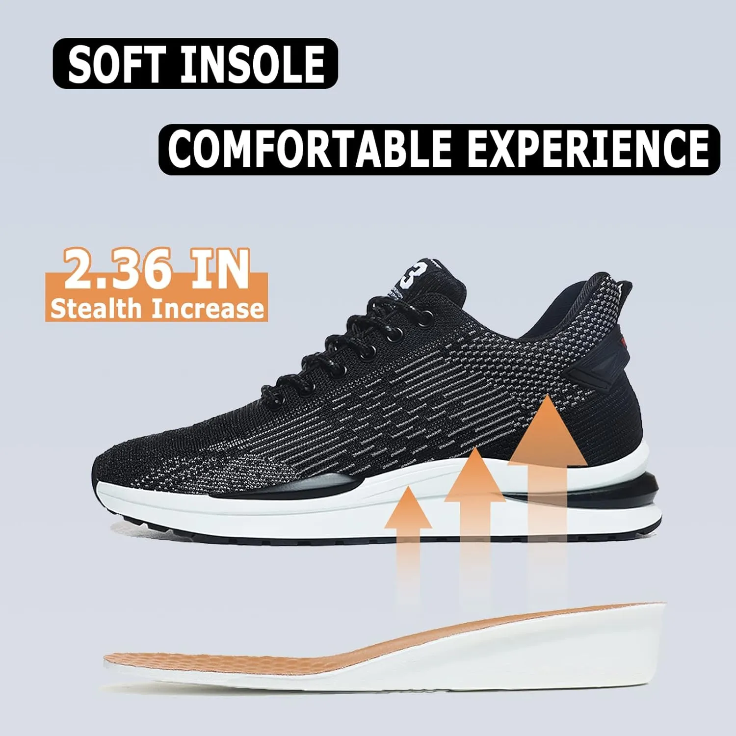 CERYTHRINA Men Elevator Sneakers Sports Shoes Invisible Height Increasing 2.36 Inches Taller Elevator Shoes Lace up Fashion Sneakers