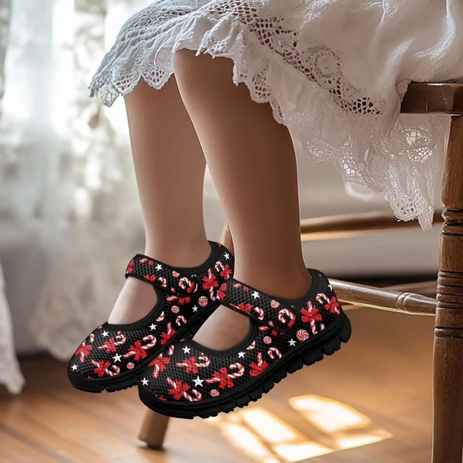 Christmas Print Girls Mary Jane Sneakers Dress Dance Shoes Athletic Walking Shoes for Outdoor Christmas Party,Activity,Wedding