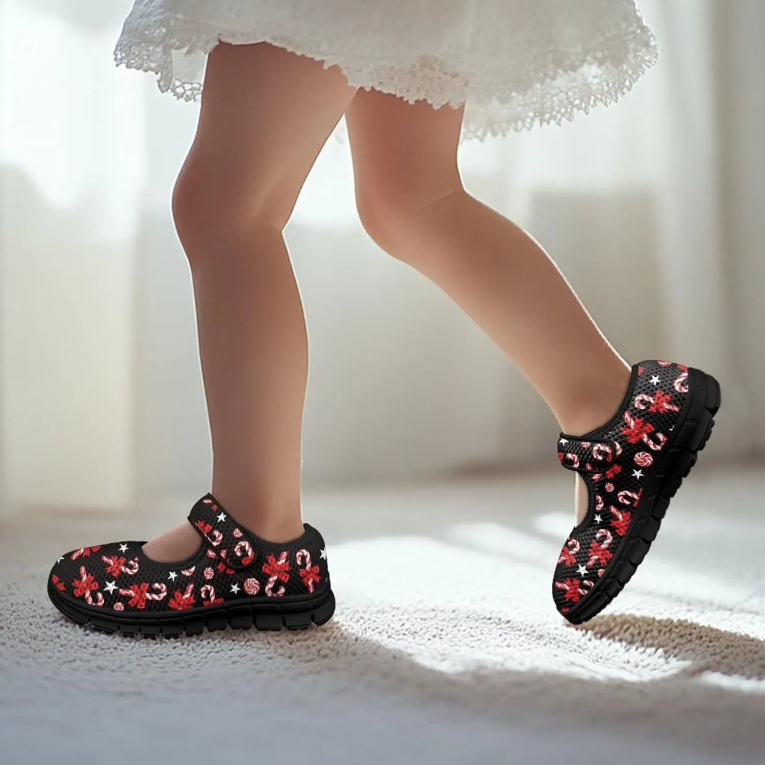 Christmas Print Girls Mary Jane Sneakers Dress Dance Shoes Athletic Walking Shoes for Outdoor Christmas Party,Activity,Wedding